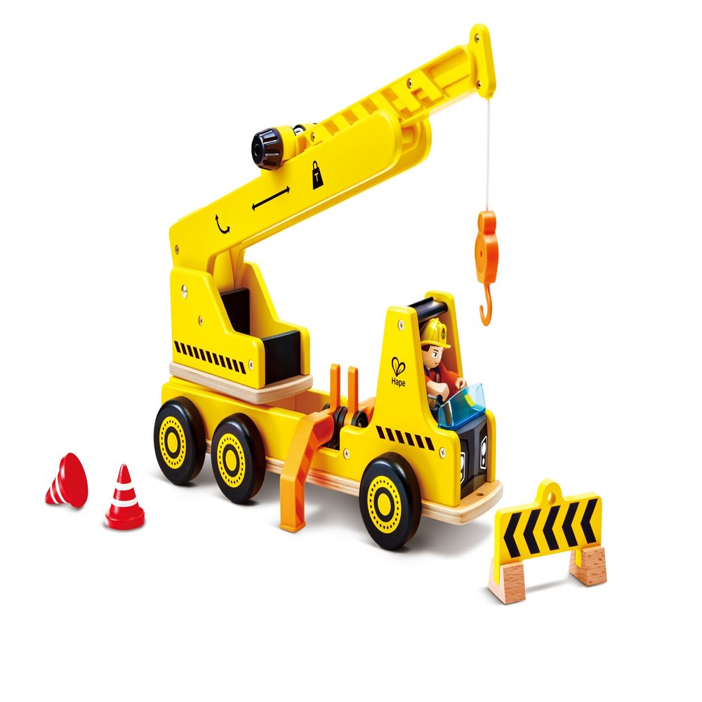 Hape Wooden Mobile Crane Construction Vehicle - Interactive Engineering Toy with Realistic Lifting Action & Foldable Support Legs - STEM Educational Gift for Toddlers & Kids Ages 3+
