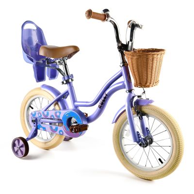 RULLY Donut 12 Inch Girls Bike for Ages 3-5, Toddler Bike with Training Wheels, Basket, Doll Seat, Kids Bicycle Purple, Beginner Bike