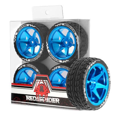1/10 RC On Road Tires OD 2.55'' and Aluminium Street Wheels 4PCS 12mm Hex Touring Tyres for 1:10 Rally Racing Drift Car Tamiya TT01 TT02 XV01 HPI KYOSHO HSP PTG2 Traxxas TA06 A959 (Blue)