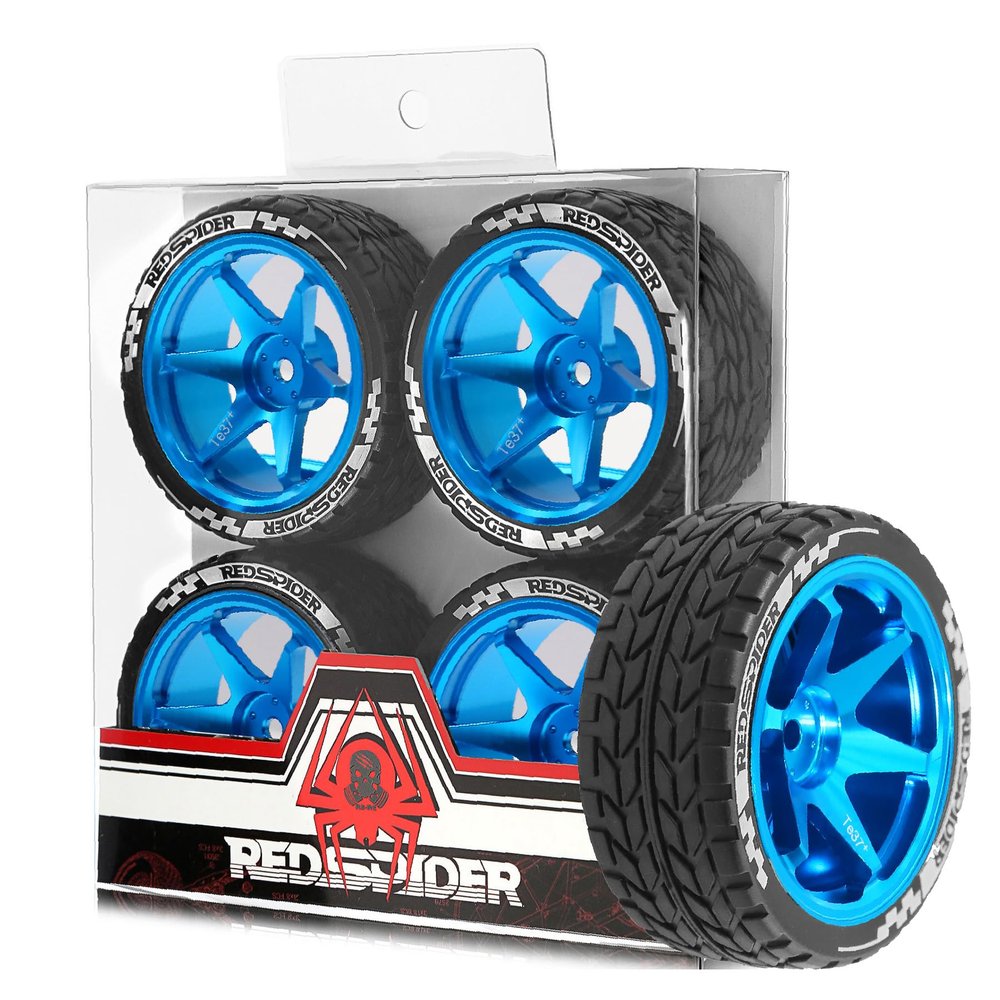 1/10 RC On Road Tires OD 2.55'' and Aluminium Street Wheels 4PCS 12mm Hex Touring Tyres for 1:10 Rally Racing Drift Car Tamiya TT01 TT02 XV01 HPI KYOSHO HSP PTG2 Traxxas TA06 A959 (Blue)