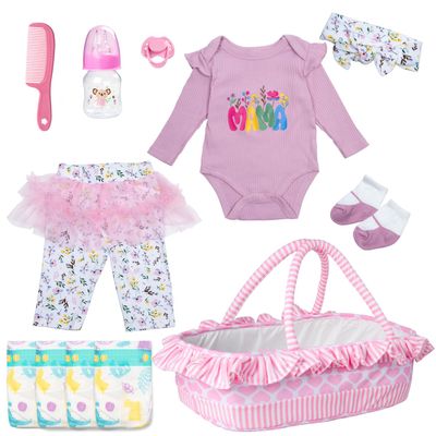 12 Pieces Reborn Baby Doll Clothes with Heart Bassinet & Diapers Accessories Set fit 17-24 Inch Girl Dolls Outdoor Dressing Outfit