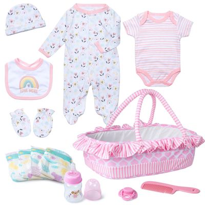 13 Pcs Baby Doll Accessories Set for 17-22 Inch Girl Baby Dolls, Reborn Baby Doll Clothes with Heart Bassinet Pink Basket Newborn Doll Outfits Kids Pretend Play Set