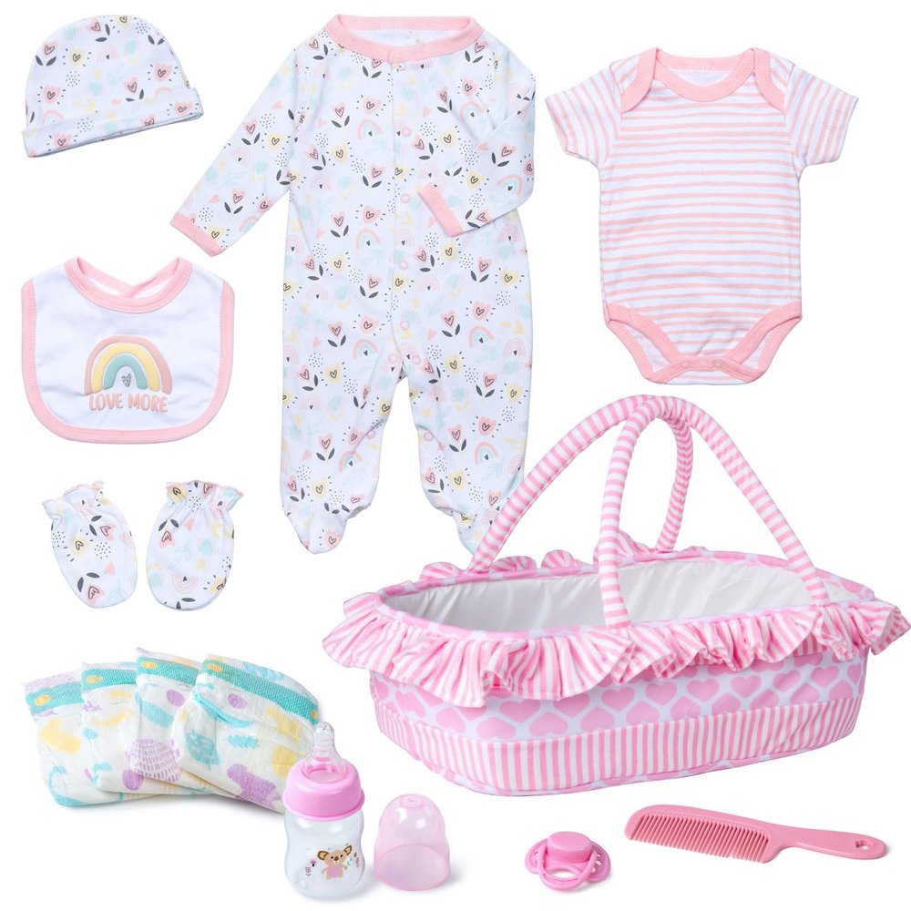 13 Pcs Baby Doll Accessories Set for 17-22 Inch Girl Baby Dolls, Reborn Baby Doll Clothes with Heart Bassinet Pink Basket Newborn Doll Outfits Kids Pretend Play Set