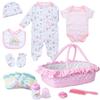 13 Pcs Baby Doll Accessories Set for 17-22 Inch Girl Baby Dolls, Reborn Baby Doll Clothes with Heart Bassinet Pink Basket Newborn Doll Outfits Kids Pretend Play Set view 1