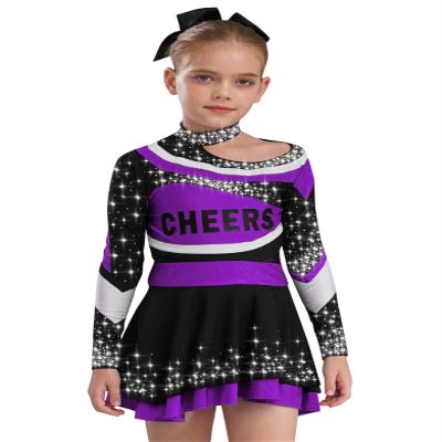 Linjinx Kids Girls Halloween Cheer Leader Uniform Outfits Rhinestone Long Sleeve Cheerleading Crop Top with Skirt Set Purple 10 Years