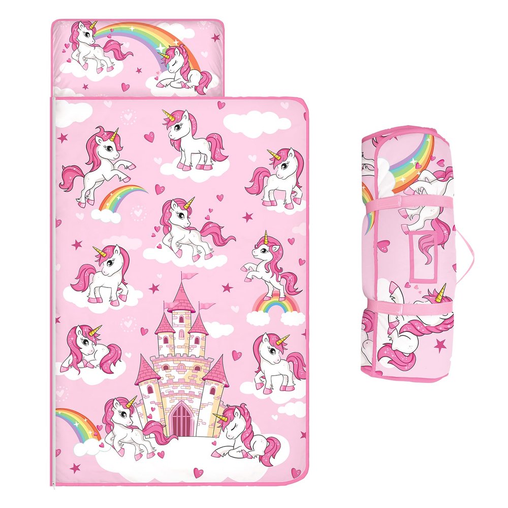 Toddler Nap Mat Kids Sleeping Bag 59"24", Soft Slumber Bag with Removable Pillow and Blanket for Kids Girls Boys,Roll Up Sleeping Mat Thick for Camping,Daycare, Kindergarden,Pink Unicorn