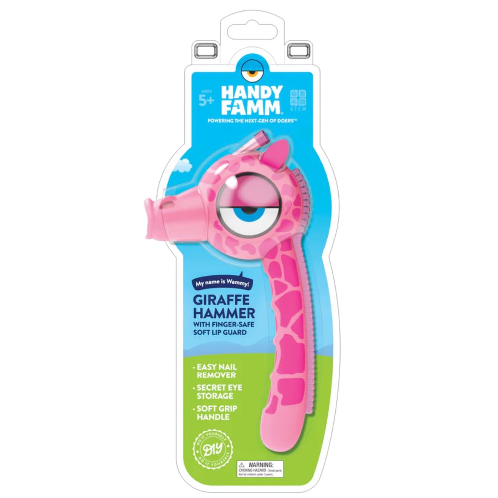 Handy Famm Real Metal Pink Giraffe Hammer for Kids, Patented Safety Mouth Sleeve and Nail Remover, STEM DIY Tool for Children Ages 5 and Up