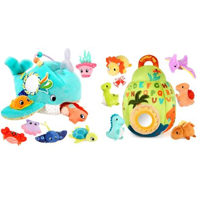 FREYBLI 2-in-1 Baby Sensory Toys Set - Ocean Whale with 6 Animals & Dinosaur Egg with 6 Dinosaurs - Rattle Crinkle Squeaker Mirror - Montessori Developmental Gifts for 6-9-12 Month Developmental, Mont
