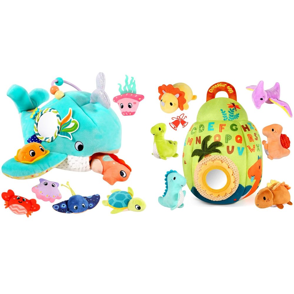 FREYBLI 2-in-1 Baby Sensory Toys Set - Ocean Whale with 6 Animals & Dinosaur Egg with 6 Dinosaurs - Rattle Crinkle Squeaker Mirror - Montessori Developmental Gifts for 6-9-12 Month Developmental, Mont