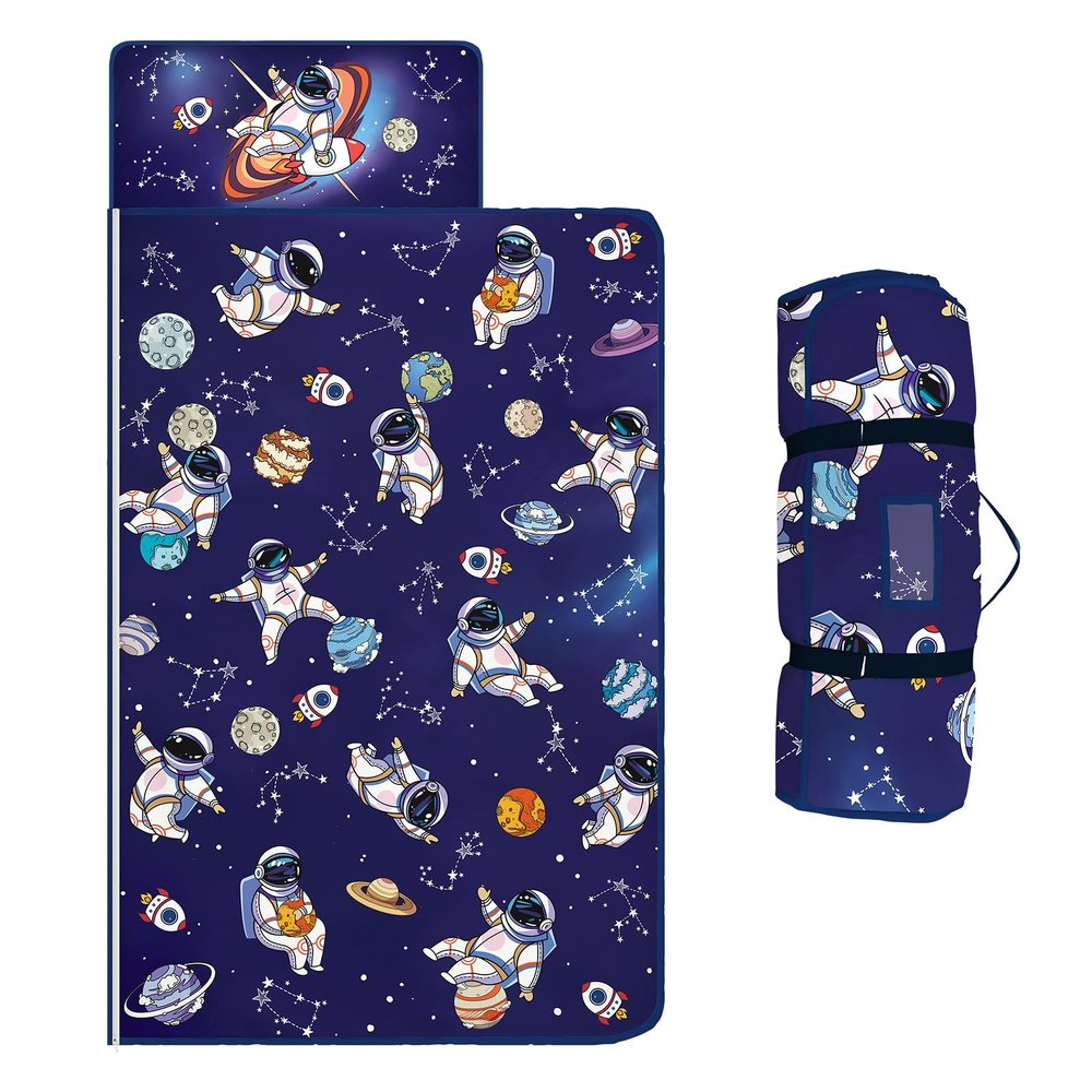 Toddler Nap Mat Kids Sleeping Bag 59"24", Soft Slumber Bag with Removable Pillow and Blanket for Kids Girls Boys,Roll Up Sleeping Mat Thick for Camping,Daycare, Kindergarden,Astronaut