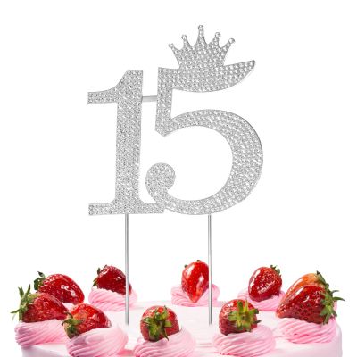 15 Birthday Cake Topper Silver Crystal 15 Crown Cake Topper Sparkling Bling Alloy Crystal Rhinestones Cakes Toppers for 15th Birthday or Anniversary Party (Silver)
