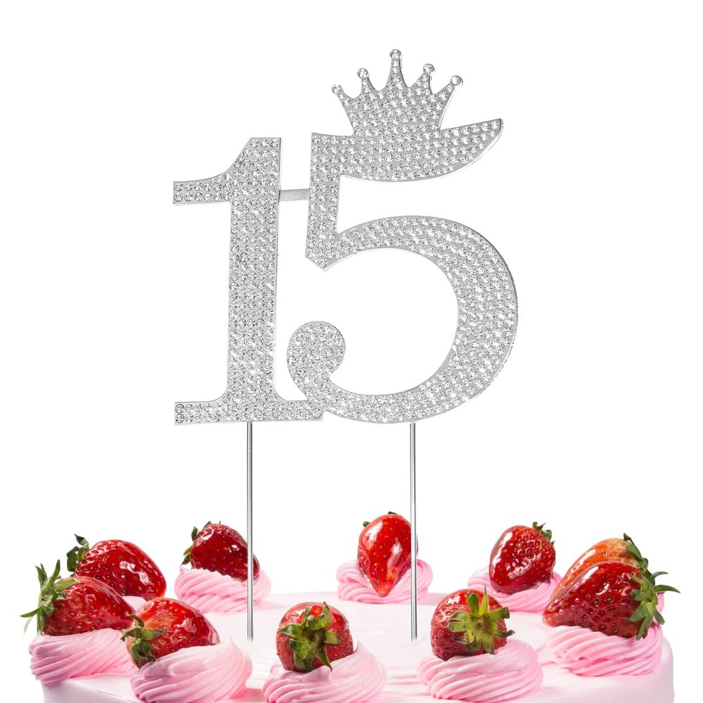 15 Birthday Cake Topper Silver Crystal 15 Crown Cake Topper Sparkling Bling Alloy Crystal Rhinestones Cakes Toppers for 15th Birthday or Anniversary Party (Silver)