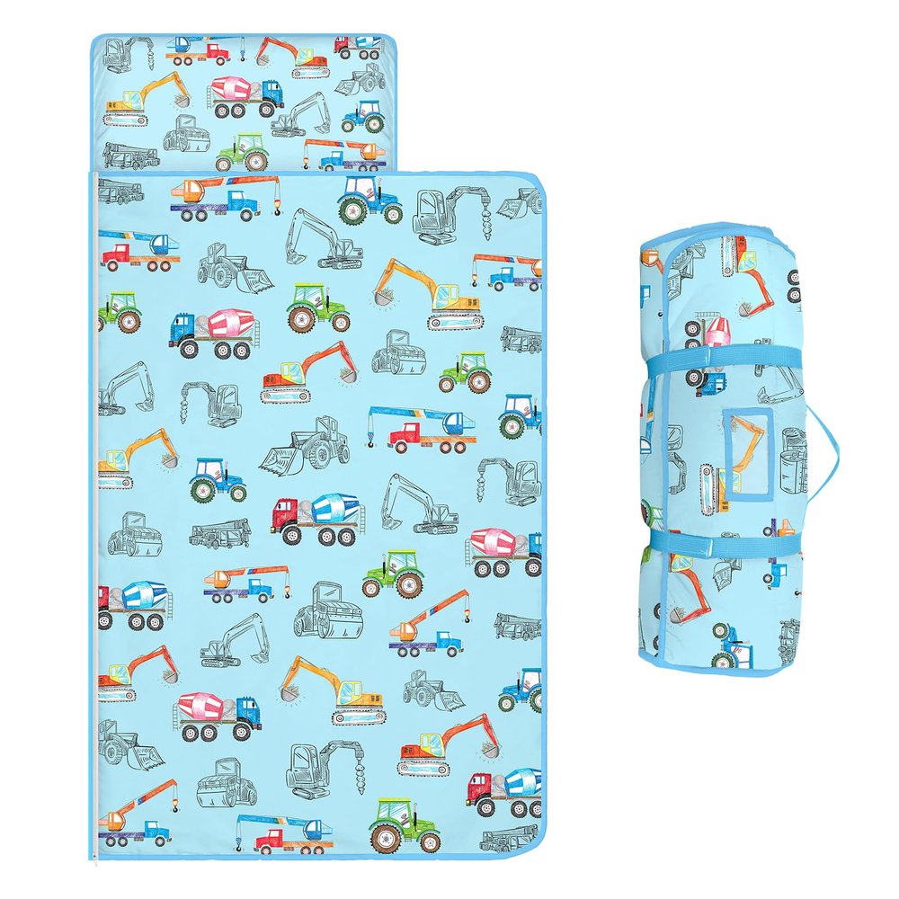 Toddler Nap Mat Kids Sleeping Bag 59"24", Soft Slumber Bag with Removable Pillow and Blanket for Kids Girls Boys,Roll Up Sleeping Mat Thick for Camping,Daycare, Kindergarden,Construction Vehicles