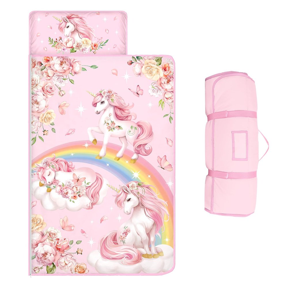 Toddler Nap Mat Kids Sleeping Bag 59"24", Soft Slumber Bag with Removable Pillow and Blanket for Kids Girls Boys,Roll Up Sleeping Mat Thick for Camping,Daycare, Kindergarden,Unicorn