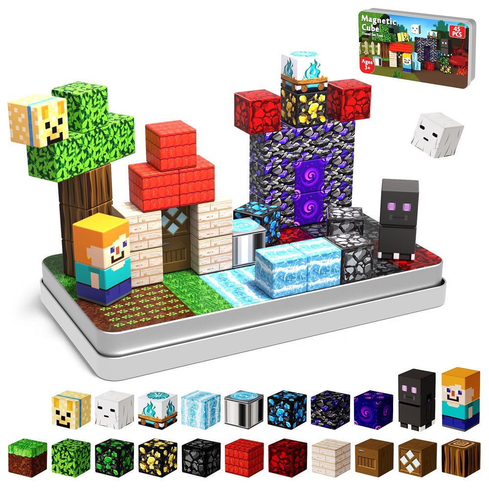 45 PCS 0.8in Mini Magnetic Blocks - Easter Travel Magnet Toys for Kids with Portable Metal Box, Stacking Magnets, Toys and Gifts for Boys and Girls Age 3+ Years Old (Theme: Portal)