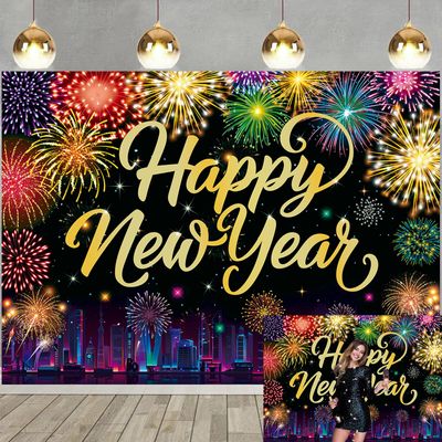2026 New Year Backdrop Happy New Year Fireworks Photography Background City Night Scene Family New Year's Eve Party Decoration Banner Studio Props (82x59 inch (7x5FT))