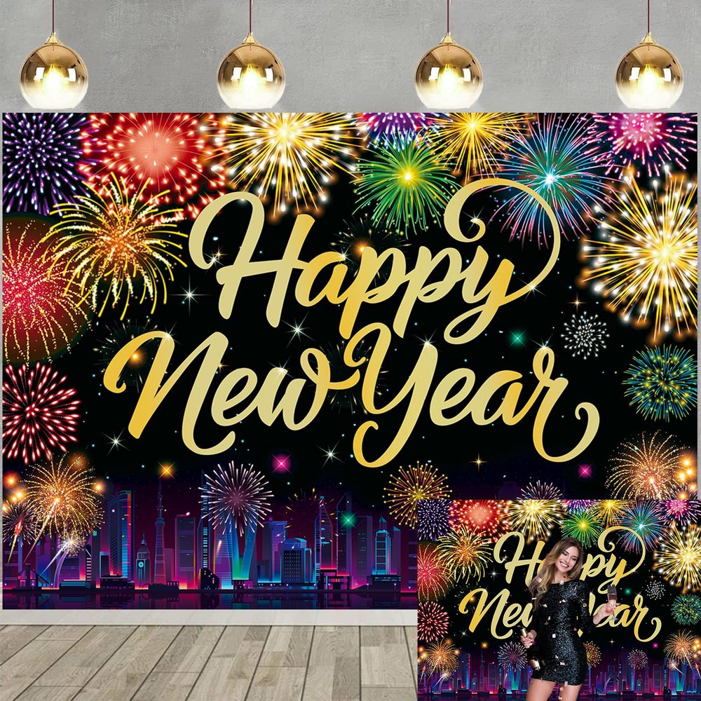 2026 New Year Backdrop Happy New Year Fireworks Photography Background City Night Scene Family New Year's Eve Party Decoration Banner Studio Props (82x59 inch (7x5FT))