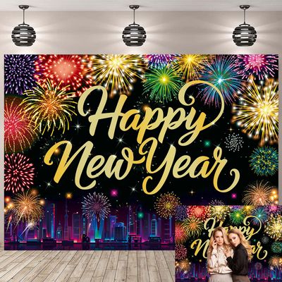 2026 New Year Backdrop Happy New Year Fireworks Photography Background City Night Scene Family New Year's Eve Party Decoration Banner Studio Props (94X70 inch (8x6FT))
