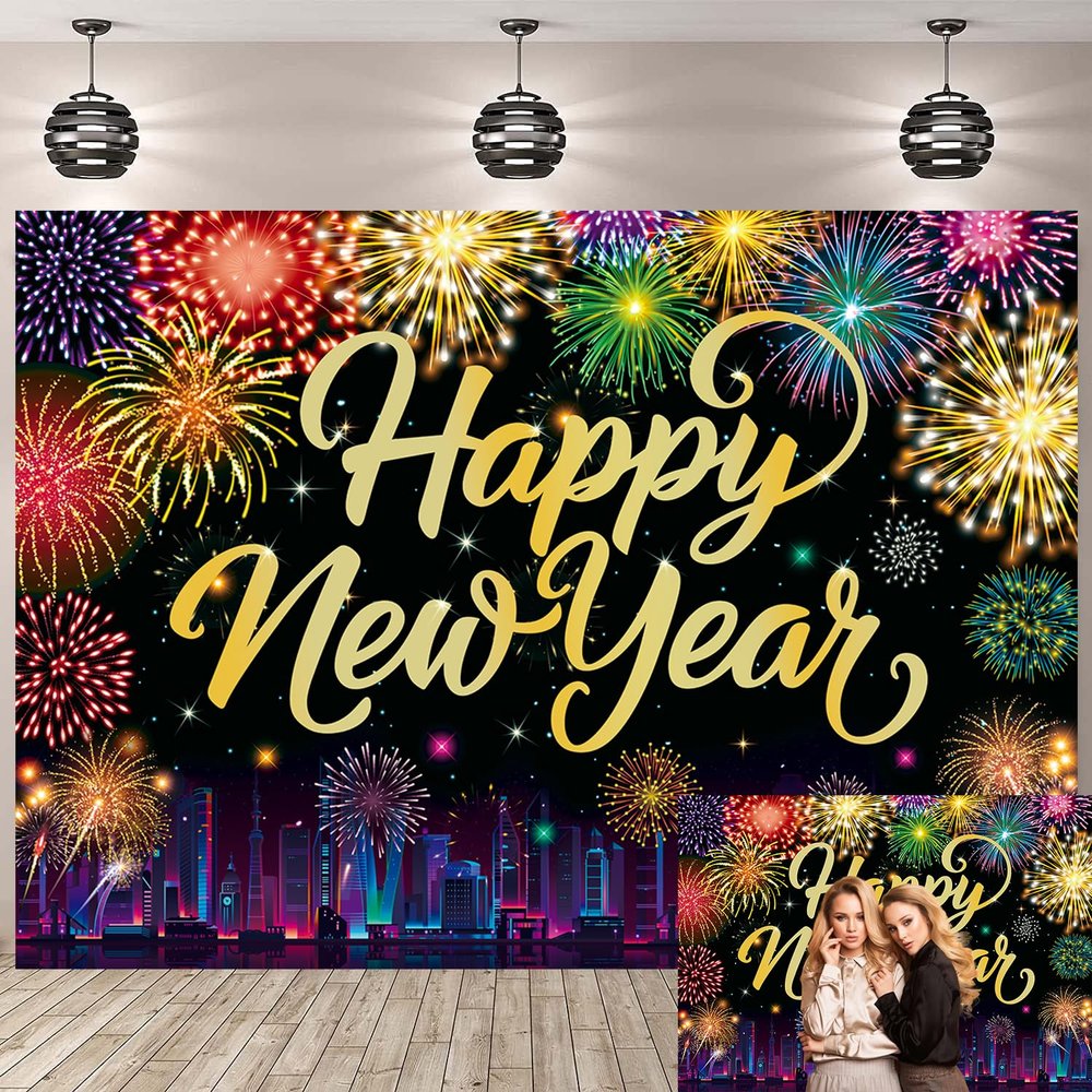 2026 New Year Backdrop Happy New Year Fireworks Photography Background City Night Scene Family New Year's Eve Party Decoration Banner Studio Props (94X70 inch (8x6FT))