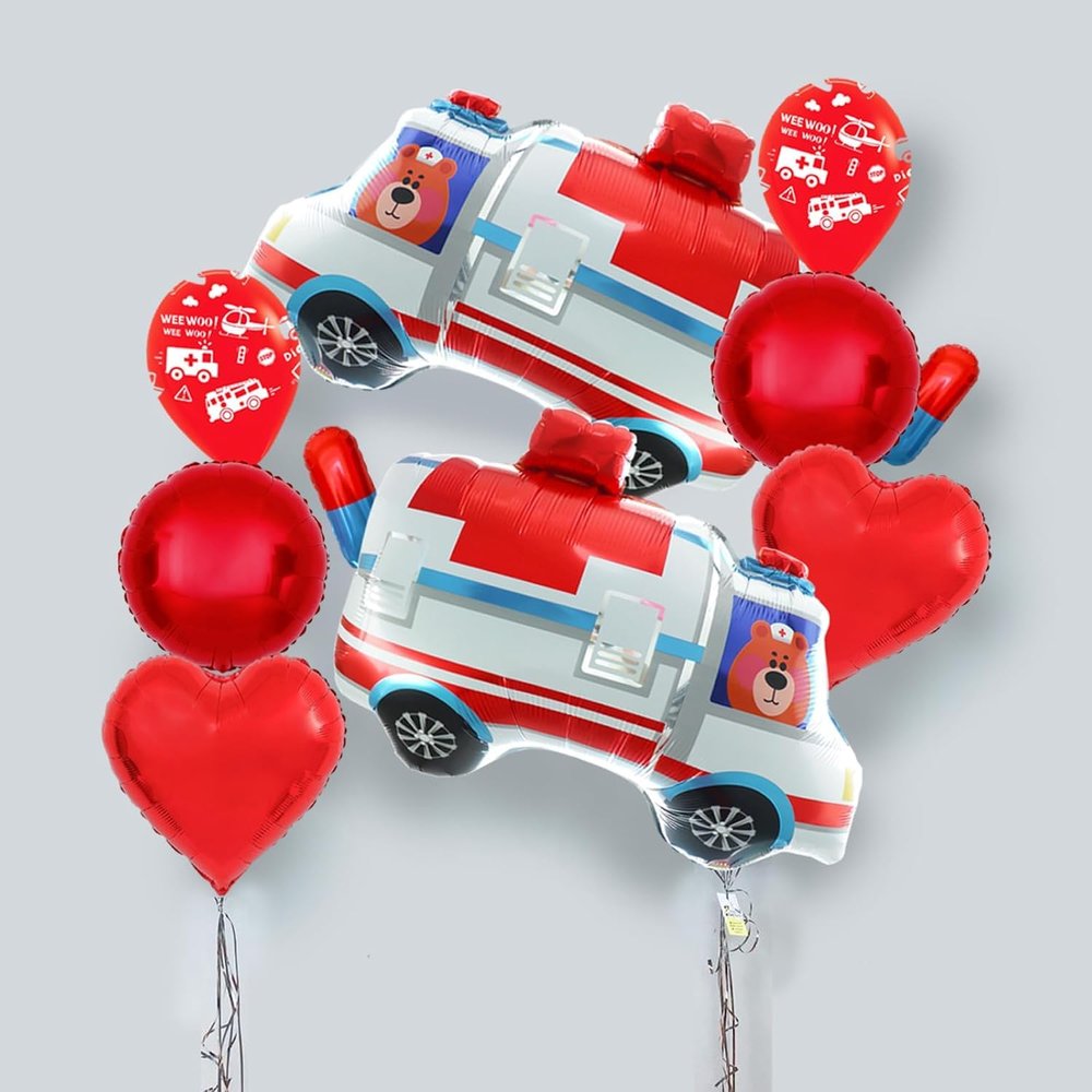 10PCS Ambulance Balloons Party Decorations - 29'' EMS Cartoon balloons, 18'' Heart Red Foil, 12'' Latex, Pill Balloons Double-Sided | Kids Birthday, Nurse, Hospital Party supplies