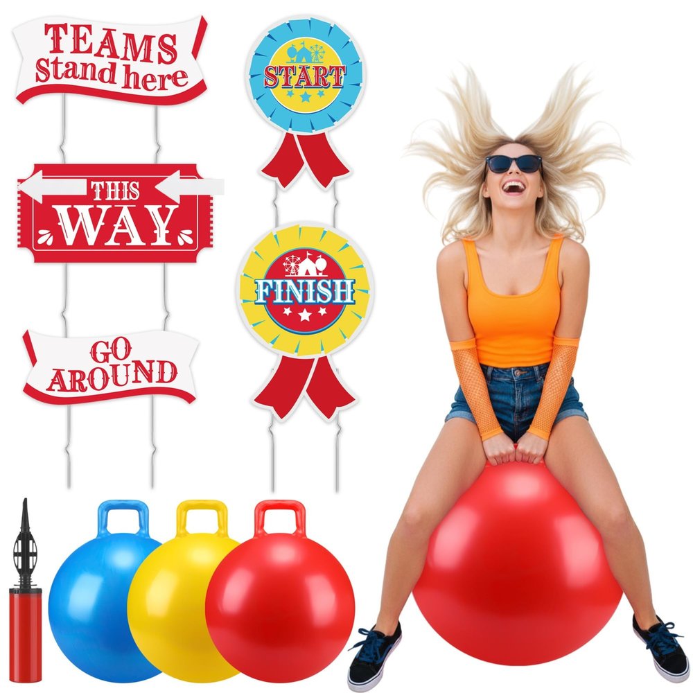 JolliLudo 14 Pcs Outdoor Carnival Games 3 Hopper Bouncing Balls with Handle 5 Carnival Yard Sign with Stake 4 Hook-and-Loop 2 Arrow Hopper Relay Game for Field Day Backyard Lawn Birthday Family Party