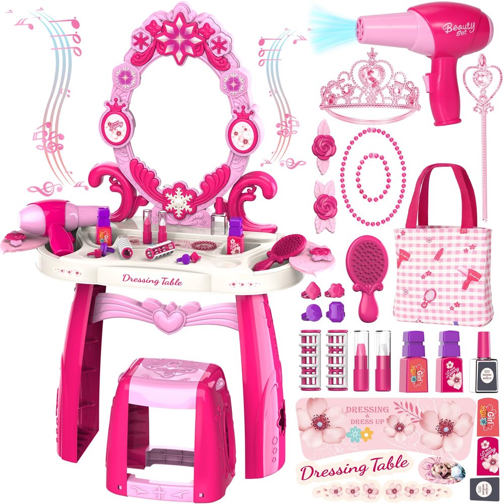 Toddler Vanity Kids Vanity Table and Chair Set, Girls Makeup Table with Mirror Lights & Music, Pretend Play Dress Up Toys with Hair Dryer, Princess Crown & Wand, Storage Bag, Gifts for Girls Age 3 4 5