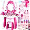 Toddler Vanity Kids Vanity Table and Chair Set, Girls Makeup Table with Mirror Lights & Music, Pretend Play Dress Up Toys with Hair Dryer, Princess Crown & Wand, Storage Bag, Gifts for Girls Age 3 4 5 view 1