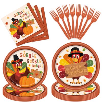 100 Pcs Thanksgiving Turkey Tableware Party Supplies  Disposable Fall Dinnerware Set with Paper Plates, Napkins, and Forks for Autumn Celebrations, Friendsgiving, and Thanksgiving Dinner  Serves 25