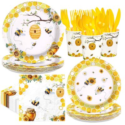 168Pcs Bee Birthday Party Decorations Bumble Bee Party Supplies Include Plates, Cups, Napkins, Forks,Honey Bees Tableware Sets for Girls Boys Baby Shower Gender Reveal Bees Day Decorations Serves 24 