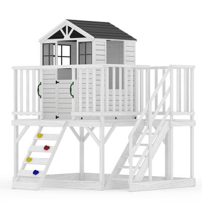 GarveeLife Outdoor Wooden Playhouse with Climbing Wall, 2 Story Wooden Playhouse with Step Ladder, Elevated Modern Cedar Playhouses Kids