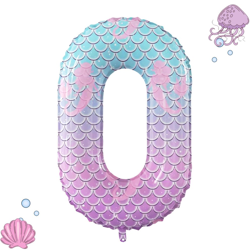 10th Birthday Decoration Mermaid Themed, Purple Blue number 0 Balloon, Suitable For Children's Birthday Mermaid Party Decoration Baby Shower Supplies (Purple, 0)