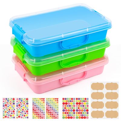 3 Pcs Sensory Bin Sand Tray with Lid & 7 Stickers, Anglecai Plastic Sandbox Toy Tray with Handle Stackable Play Tray for Storage Sand, Bead, Craft, Art