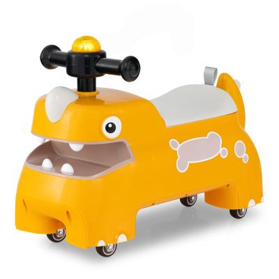 GLACER Ride On Push Car for Toddlers, Ages 18+ Months, Dinosaur Themed Foot to Floor Sliding Car with Music Steering, Horn & Under Seat Storage, Kids Ride On Toys for Boys and Girls (Yellow)
