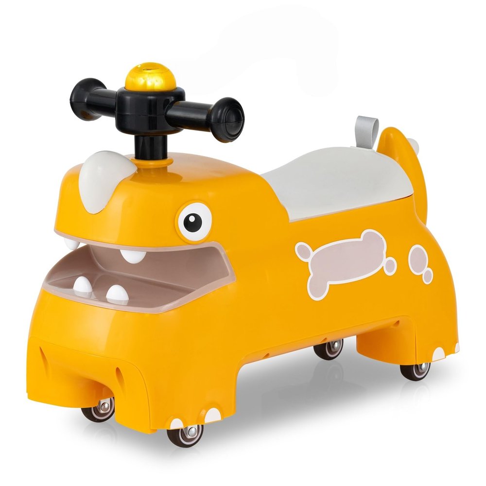 GLACER Ride On Push Car for Toddlers, Ages 18+ Months, Dinosaur Themed Foot to Floor Sliding Car with Music Steering, Horn & Under Seat Storage, Kids Ride On Toys for Boys and Girls (Yellow)