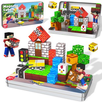 45 Pcs Travel Magnetic Blocks -Mini Magnetic Building Blocks for Kids Ages 4-8, Magnet Cubes Stacking Toys with Portable Metal Box, Birthday Gift for 3+ Year Old Boys Girls