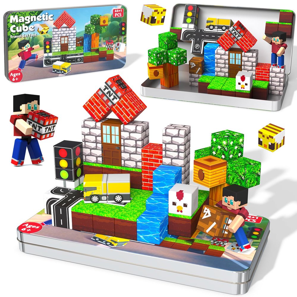 45 Pcs Travel Magnetic Blocks -Mini Magnetic Building Blocks for Kids Ages 4-8, Magnet Cubes Stacking Toys with Portable Metal Box, Birthday Gift for 3+ Year Old Boys Girls