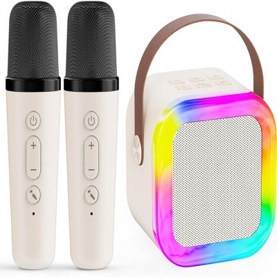 Karaoke Machine for Kids,2025 New Mini Portable Karaoke Toys, Karaoke Speaker with 2 Wireless Microphone & Light for Home Party for Adults (Beige-2Mic)