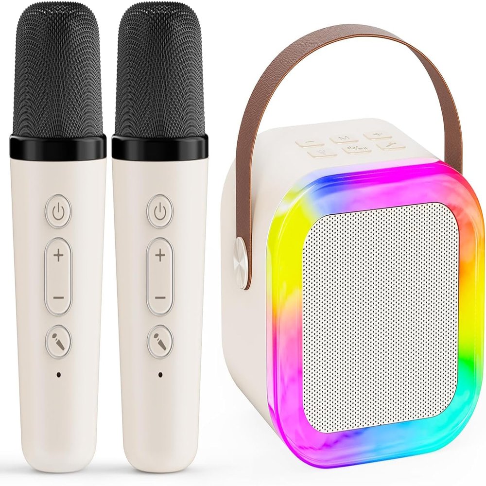 Karaoke Machine for Kids,2025 New Mini Portable Karaoke Toys, Karaoke Speaker with 2 Wireless Microphone & Light for Home Party for Adults (Beige-2Mic)