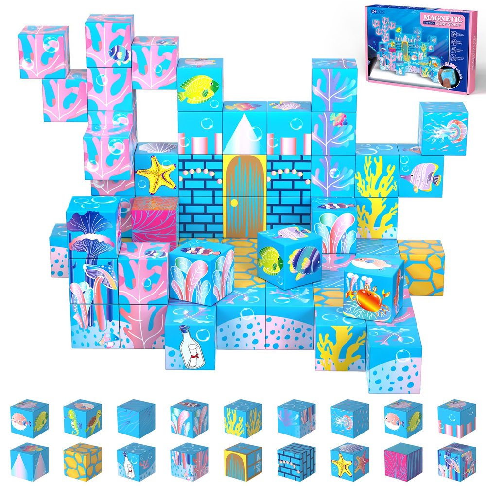 Magnetic Blocks - Magnetic Building Blocks for Kids Ages 4-8, Light-Up Transparent Magnet Cubes for Ocean World Build, STEM Toys for Boys Girls Toddlers Ages 3 4 5 6 7 8-12 Holiday Birthday Gifts