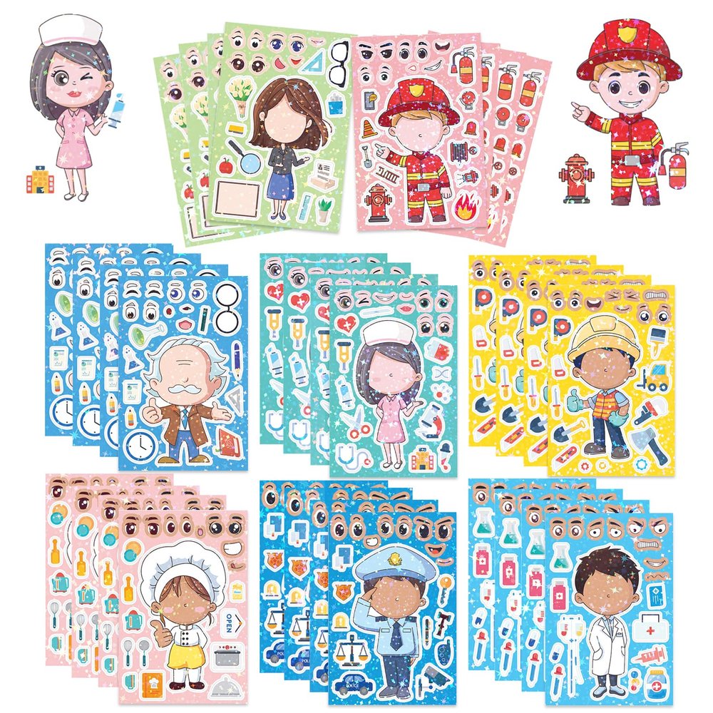 32 Sheets Holographic Community Helpers Stickers for Teens,Sparkly Make Your Own Career Face Sticker Sheets, DIY Occupation Make A Face Stickers, Classroom Career Day Activity, Birthday Party Favors