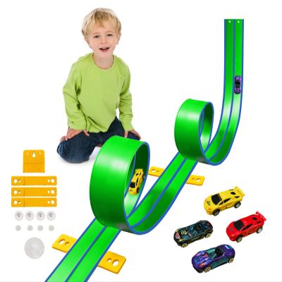 15 Ft Flexible Race Car Track (Aqua Green) for Kids,Flex Track Starter Set Compatible with Hot Wheels and Diecast 1/64th Cars,Portable Racetrack Roll Up Race Track with 4 Racecars and Suction Cups