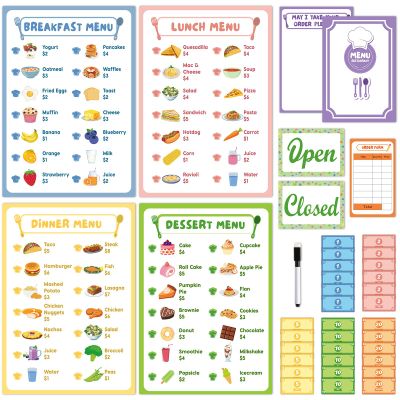 36Pcs Pretend Play Restaurant Menus Set for Kids Kitchen Food Diner Order Pads 4 Pretend Menus 1 Open/Close Sign 30 Play Money 1 Erasable Pen for Toddlers Girl Boy Role Plays Accessory Birthday Gift