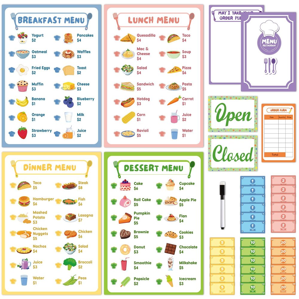 36Pcs Pretend Play Restaurant Menus Set for Kids Kitchen Food Diner Order Pads 4 Pretend Menus 1 Open/Close Sign 30 Play Money 1 Erasable Pen for Toddlers Girl Boy Role Plays Accessory Birthday Gift