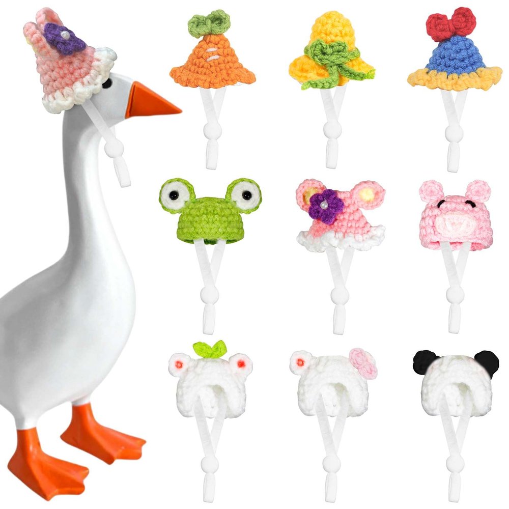 9Pcs Animal Desk Goose Outfits, 7inch Desk Goose Mini Knitted Hats with Adjustable Strap, Mini Animal Desktop Goose Knitted Hats for Goose Key Holder Colorful