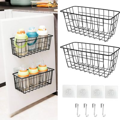2 Pack Wire Storage Basket Over the Cabinet Door Organizer, Baby Bottle Organizer No Drilling , Adhesive & Metal Hooks, Wall Mounted Organizer Bins,for Cleaning Supplies, Towels,dormitory supplies