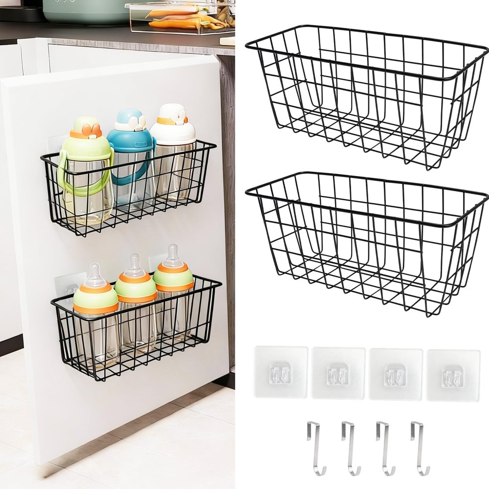 2 Pack Wire Storage Basket Over the Cabinet Door Organizer, Baby Bottle Organizer No Drilling , Adhesive & Metal Hooks, Wall Mounted Organizer Bins,for Cleaning Supplies, Towels,dormitory supplies