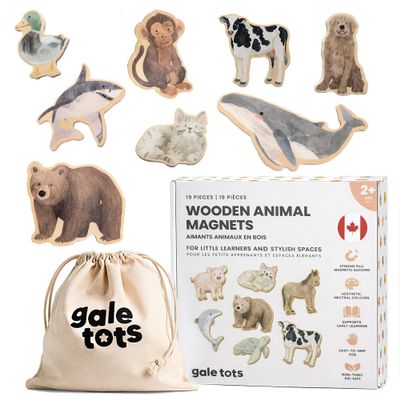 Gale Tots Wooden Animal Magnets for Toddlers | 19 Pieces | Original Watercolor Art on Basswood | Aesthetic Fridge Magnets | Farm, Wild, Sea & Domestic | Montessori-Inspired | Ages 2+