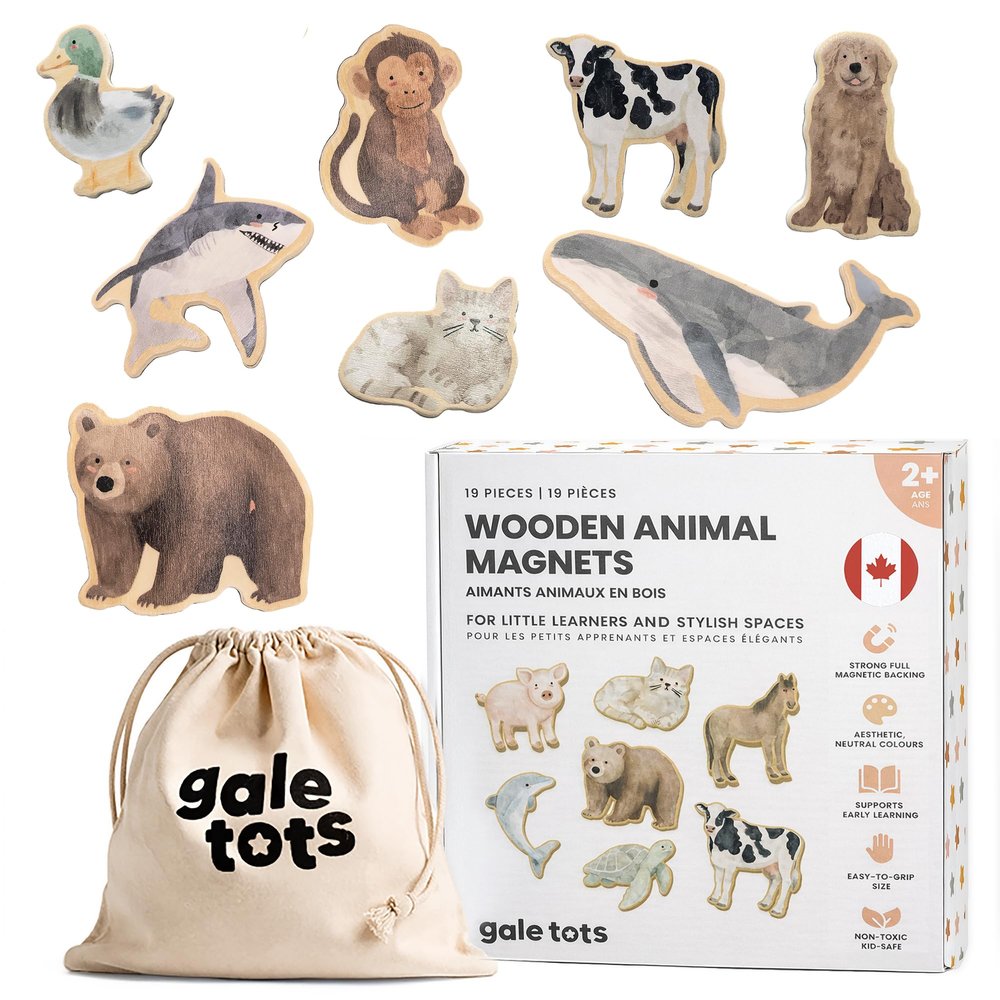 Gale Tots Wooden Animal Magnets for Toddlers | 19 Pieces | Original Watercolor Art on Basswood | Aesthetic Fridge Magnets | Farm, Wild, Sea & Domestic | Montessori-Inspired | Ages 2+