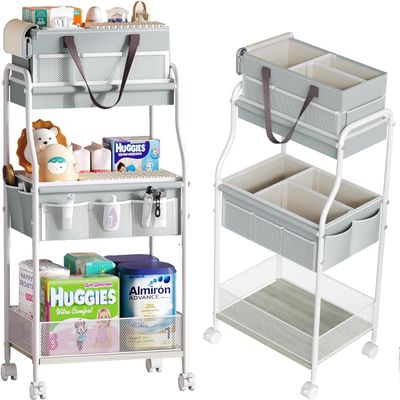 2In1 Baby Diaper Caddy & 3-Tier Rolling Diaper Cart, Diaper Caddy Organizer Cart with Dividers & 12 Pockets, Nursery Bedside Caddy Utility Cart for Baby Clothes & Dresser Baby Bottle,Baby Essential