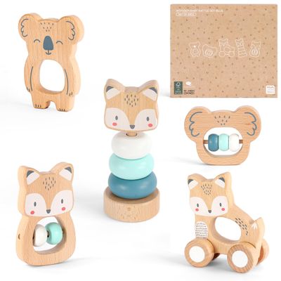 WoddyGo Wooden Montessori Toys, 5-Piece Wooden Baby Toy, Koala Baby Rattle, Fox Stacking Ring, Little Fox Push and Pull Toys,Koala Holding Toy,Newborn Baby Gift Sets for Boys and Girls